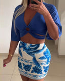 2 Pieces Summer Outfits Plunge V Neck Short Sleeve Top and Floral Print Bodycon Split Skirt Set