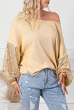 Apricot Sequin Patchwork Sleeve Open Back Waffle Knit Top