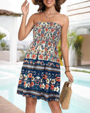 Floral Print Bandeau Sleeveless Ruched Boho Dress Casual Smocked Backless A Line Mini Dress