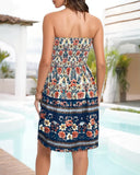 Floral Print Bandeau Sleeveless Ruched Boho Dress Casual Smocked Backless A Line Mini Dress