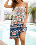 Floral Print Bandeau Sleeveless Ruched Boho Dress Casual Smocked Backless A Line Mini Dress