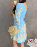 Floral Print V Neck Batwing Sleeve Waist Dress Casual Asymmetrical Hem Ruched Dress