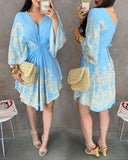 Floral Print V Neck Batwing Sleeve Waist Dress Casual Asymmetrical Hem Ruched Dress