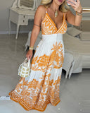 Floral Print Plunge V Neck Spaghetti Strap Maxi Dress Casual Shirred Waist A Line Vacation Dress