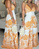 Floral Print Plunge V Neck Spaghetti Strap Maxi Dress Casual Shirred Waist A Line Vacation Dress