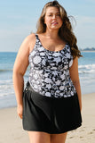 Black Plus Size Printed Square Neck Drawstring Ruffled Tankini Set