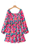 Rose Flower Print Smocked Square Neck Plus Size Dress