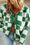 Lapis Checked Snap Button Sherpa Jacket