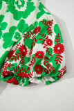 Green Contrast Embroidered Puff Short Sleeve Floral Blouse
