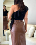 High Waist Casual Asymmetrical Slit Pu Mid Calf Dress with Metal Belt