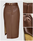 High Waist Casual Asymmetrical Slit Pu Mid Calf Dress with Metal Belt