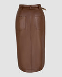 High Waist Casual Asymmetrical Slit Pu Mid Calf Dress with Metal Belt