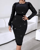 Rhinestone Long Sleeve Dress Crewneck Neck Bodycon Dresses Evening Gown Club Night Outfit