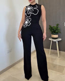 Floral Print High Neck Sleeveless Elegent Jumpsuit