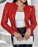 Sparkly Sequin Open Front Puff Sleeve Blazer Coat