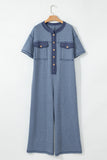 Beau Blue Half Placket Chest Pockets Short Sleeve Wide Leg Jumpsuit