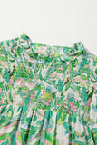 Green Leafy Printed Flounce Sleeve Shirred Mock Neck Blouse