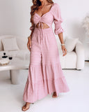Square Neck Long Sleeve Drawstring  Shirred Jumpsuit