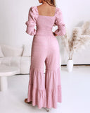 Square Neck Long Sleeve Drawstring  Shirred Jumpsuit