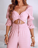 Square Neck Long Sleeve Drawstring  Shirred Jumpsuit