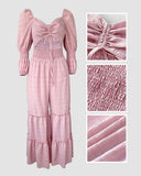 Square Neck Long Sleeve Drawstring  Shirred Jumpsuit