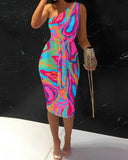 Multi Color Abstract Print One Shoulder Bodycon Dress