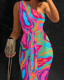 Multi Color Abstract Print One Shoulder Bodycon Dress