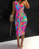 Multi Color Abstract Print One Shoulder Bodycon Dress