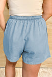 Beau Blue Washed Chambray Drawstring Elastic Waist Plus Size Shorts