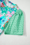 Green Floral Print Eyelet Embroidered Short Sleeve Crew Neck Top