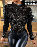 Sheer Mesh Patch Bodysuit Long Sleeve Rhinestone See Through Going Out Top