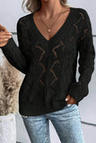 Black Hollow Out Knit V Neck Drop Shoulder Sweater