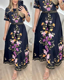 2 Pieces Floral Print V Neck Puff Sleeve Crop Top and Casual Lace Up Waist Skirt Set