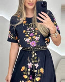 2 Pieces Floral Print V Neck Puff Sleeve Crop Top and Casual Lace Up Waist Skirt Set