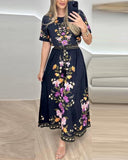 2 Pieces Floral Print V Neck Puff Sleeve Crop Top and Casual Lace Up Waist Skirt Set