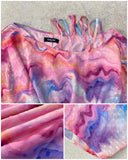 Tie Dye Print Cold Shoulder Three Quaters Eyelet Embroidery Bell Sleeve Blouse Casual Pullover