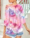 Tie Dye Print Cold Shoulder Three Quaters Eyelet Embroidery Bell Sleeve Blouse Casual Pullover