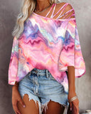 Tie Dye Print Cold Shoulder Three Quaters Eyelet Embroidery Bell Sleeve Blouse Casual Pullover