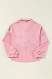 Pink Ribbed Knit Collared Henley Top with Chest Pocket