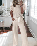 2 Pieces Outfit Lace Trim Round Neck Knit Top and Casual Drawstring Pants Set with Pockets