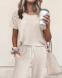 2 Pieces Outfit Lace Trim Round Neck Knit Top and Casual Drawstring Pants Set with Pockets