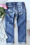 Sky Blue Sequin Pumpkin Patched Distressed Straight Leg Jeans