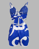 Floral Print Bowknot Decor Spaghetti Strap Skort Romper Casual Hollow out Slim Fit Jumpsuit