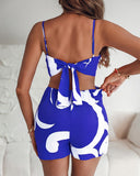 Floral Print Bowknot Decor Spaghetti Strap Skort Romper Casual Hollow out Slim Fit Jumpsuit
