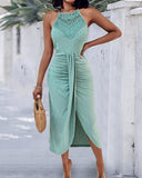 Halter Hollow out A Line Sleeveless Front Slit Ruched Maxi Dress Vacation Dress