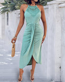 Halter Hollow out A Line Sleeveless Front Slit Ruched Maxi Dress Vacation Dress