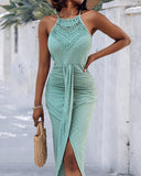 Halter Hollow out A Line Sleeveless Front Slit Ruched Maxi Dress Vacation Dress