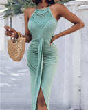 Halter Hollow out A Line Sleeveless Front Slit Ruched Maxi Dress Vacation Dress