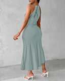 Halter Hollow out A Line Sleeveless Front Slit Ruched Maxi Dress Vacation Dress