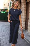Navy Blue Solid Color Textured Short Sleeve Top and Casual Pants Set